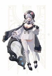 Rule 34 | 1girl, animal ear fluff, animal ears, bare shoulders, black bow, black cape, black footwear, black gloves, black hat, blue eyes, blue gemstone, bow, breasts, cape, character request, cleavage, copyright request, covered erect nipples, crescent, english text, facial mark, fangs, fangs out, floral print, full body, gem, gloves, grey cape, grey hair, half gloves, hat, heart, heart facial mark, high heels, highres, holding, holding mirror, long hair, mirror, multicolored cape, multicolored clothes, open mouth, skindentation, sleeves past wrists, solo, star (symbol), tassel, teeth, thighhighs, tongue, two-tone cape, white thighhighs, yeyuanqianqianqian