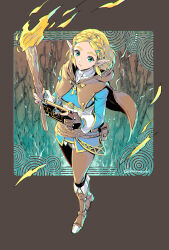 Rule 34 | 1girl, aqua eyes, blue shirt, boots, braid, breasts, brown capelet, brown gloves, brown pants, capelet, fingerless gloves, fire, from above, full body, gloves, hair ornament, hairclip, highres, holding, holding torch, long sleeves, looking at viewer, medium breasts, nintendo, pants, parted bangs, pointy ears, princess zelda, shirt, short hair, side braid, sidelocks, solo, tak (karasuki), the legend of zelda, the legend of zelda: breath of the wild, the legend of zelda: tears of the kingdom, thick eyebrows, torch