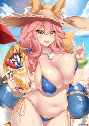 Rule 34 | 1girl, animal ear fluff, animal ears, bare shoulders, beach, bikini, blue bikini, blush, bracelet, breasts, cleavage, closed mouth, collarbone, day, ears through headwear, fang, fate/grand order, fate (series), food, fox ears, fox girl, fox tail, hair between eyes, hat, highres, ice cream, ice cream float, innertube, jewelry, kanachirou, large breasts, long hair, looking at viewer, navel, necklace, open mouth, pink hair, side-tie bikini bottom, skin fang, smile, solo, straw hat, sun hat, swim ring, swimsuit, tail, tamamo (fate), tamamo no mae (fate/extra), tamamo no mae (swimsuit lancer) (fate), yellow eyes
