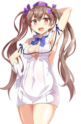 Rule 34 | 1girl, arm behind back, arm ribbon, arm up, armpits, bare shoulders, blue bow, blue eyes, blush, blush stickers, bow, bowtie, breasts, brown hair, cleavage, cleavage cutout, clothing cutout, cosplay, covered navel, cowboy shot, dress, dungeon ni deai wo motomeru no wa machigatteiru darou ka, e.o., female focus, gloves, hair ornament, hair ribbon, hand on own head, hand on own hip, hand up, hat, hestia (danmachi), hestia (danmachi) (cosplay), highres, himekaidou hatate, large breasts, long hair, looking at viewer, open mouth, purple ribbon, rei no himo, ribbon, short dress, simple background, sleeveless, sleeveless dress, smile, solo, tokin hat, touhou, twintails, very long hair, white dress, white gloves