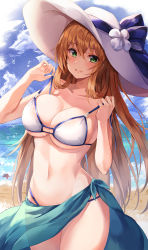 Rule 34 | 1girl, bare arms, bare shoulders, beach, bikini, breasts, brown hair, cleavage, cloud, collarbone, cowboy shot, day, flower, girls&#039; frontline, green eyes, groin, hair between eyes, hat, hat flower, hat ribbon, highres, holding, large breasts, lkeris, long hair, looking at viewer, multi-strapped bikini, navel, ocean, official alternate costume, open mouth, outdoors, ribbon, sarong, sky, smile, solo, springfield (girls&#039; frontline), springfield (stirring mermaid) (girls&#039; frontline), standing, stomach, string bikini, sun hat, sunlight, swimsuit, thighs, untied bikini, very long hair, wet, white bikini, white hat