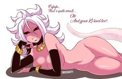 Rule 34 | 1girl, absurdres, ahoge, android 21, breasts, cheeso art, colored skin, dragon ball, dragon ball fighterz, dragonball z, earrings, eyebrows, female focus, highres, jewelry, long hair, lying, majin (race), majin android 21, pink skin, pussy, red eyes, simple background, small penis humiliation, smile, solo, tail, text focus, uncensored, white background, white hair