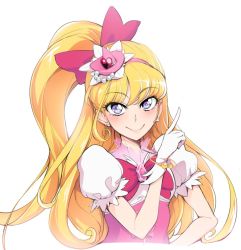 Rule 34 | 1girl, asahina mirai, blonde hair, bow, bracelet, cure miracle, earrings, gloves, hair bow, hairband, hat, jewelry, long hair, looking at viewer, mahou girls precure!, mini hat, mini witch hat, pink headwear, precure, purple eyes, sian, side ponytail, simple background, smile, solo, white background, white gloves, witch hat
