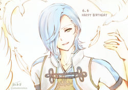 Rule 34 | 1boy, artist name, atoatto, bird, blue hair, dated, feathers, fire emblem, fire emblem fates, hair over one eye, happy birthday, male focus, nintendo, open mouth, portrait, shigure (fire emblem), simple background, solo, white background, yellow eyes