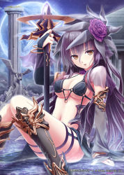 Rule 34 | 1girl, akkijin, arm support, armlet, armor, bare shoulders, black dress, boots, bracelet, breasts, choker, cleavage, cloud, company name, convenient leg, copyright name, covered erect nipples, detached sleeves, diana (shinkai no valkyrie), dress, flower, gem, greaves, hair flower, hair ornament, holding, jewelry, knee boots, knees together feet apart, leaf, long hair, looking at viewer, moon, navel, no bra, open mouth, orb, outdoors, pillar, pouring, purple flower, purple hair, purple rose, reflection, revealing clothes, rome (city), rose, shinkai no valkyrie, sideboob, sitting, sky, sleeves past wrists, solo, staff, statue, tiara, toga, very long hair, water, weapon, wet, yellow eyes