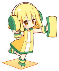 1girl aikei_ake bare_shoulders blonde_hair blush boots brown_eyes chibi closed_mouth commentary_request dress full_body green_footwear headphones original personification simple_background sleeveless sleeveless_dress solo sponge standing standing_on_one_leg white_background yellow_dress