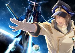 Rule 34 | beam, beam cannon, buttons, double-breasted, earth (planet), epaulettes, from above, gloves, hat, military, military hat, military uniform, one eye covered, planet, solo, space, spacecraft, super robot wars, super robot wars original generation, tetsuya onodera, uniform, white gloves