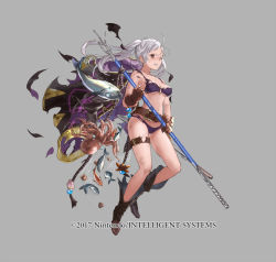 Rule 34 | 1girl, bikini, breasts, cape, fire emblem, fire emblem awakening, fire emblem heroes, full body, gloves, hood, injury, long hair, mayo (becky2006), navel, nintendo, official art, one eye closed, polearm, robin (female) (fire emblem), robin (fire emblem), ryona, smile, spear, swimsuit, torn clothes, twintails, weapon, white hair