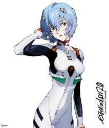 Rule 34 | 00s, 1girl, :o, adjusting hair, ayanami rei, blue hair, bodysuit, bracer, copyright name, cowboy shot, english text, evangelion: 2.0 you can (not) advance, gloves, hair between eyes, hair ornament, hand up, logo, looking at viewer, neon genesis evangelion, official art, open mouth, pale skin, pilot suit, plugsuit, purple eyes, rebuild of evangelion, red eyes, short hair, simple background, skinny, solo, turtleneck, white background