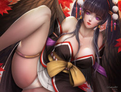 Rule 34 | 1girl, artist name, bare shoulders, black hair, black wings, blunt bangs, breasts, commentary, dead or alive, feathered wings, hair ornament, hair stick, hime cut, japanese clothes, kimono, large breasts, leaf, long hair, mole, mole under mouth, nyotengu, panties, pom pom (clothes), purple eyes, solo, spread legs, tengu, underwear, white panties, windwalker ture, wings