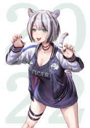 Rule 34 | 1girl, 2022, :d, animal ear fluff, animal ears, black hair, black jacket, black nails, black shirt, breasts, chinese zodiac, claw pose, cleavage, fang, feet out of frame, green eyes, grey hair, highres, jacket, letterman jacket, long sleeves, medium breasts, multicolored hair, nail polish, open clothes, open jacket, open mouth, original, shirt, shouhei, sleeves past wrists, smile, solo, standing, streaked hair, tail, tail raised, tiger ears, tiger girl, tiger tail, tongue, tongue out, year of the tiger
