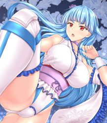 Rule 34 | 1girl, aqua hair, black background, blue hair, boots, breasts, collarbone, detached sleeves, flower, gluteal fold, hair flower, hair ornament, hairband, hiballista, highres, japanese clothes, kimono, large breasts, leotard, long hair, long sleeves, looking at viewer, obi, open mouth, red eyes, ring dream, rose, sash, snowflakes, snowing, solo, standing, standing on one leg, thigh boots, thighhighs, white leotard, wrestling outfit, yuki onna (ring dream)