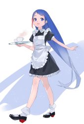 Rule 34 | 1girl, apron, arms up, back bow, bad id, bad twitter id, black dress, black footwear, blue eyes, blue hair, bow, breasts, collared dress, commentary request, cup, dress, frilled apron, frills, full body, highres, holding, holding tray, long hair, looking at viewer, multicolored hair, original, outstretched arm, parted bangs, pikumin, pleated dress, puffy short sleeves, puffy sleeves, short sleeves, simple background, small breasts, socks, solo, standing, steam, streaked hair, teacup, tray, very long hair, white apron, white background, white socks, wing collar