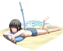 Rule 34 | 1girl, bikini, black hair, blue shorts, cigarette, closed mouth, commentary request, flat chest, highres, holding, holding cigarette, katana, korean commentary, leg up, limbus company, looking at viewer, orange bikini, project moon, red eyes, ryoshu (project moon), sand, sareudal, sheath, sheathed, short hair, shorts, sidelocks, solo, swimsuit, sword, transparent background, water, weapon