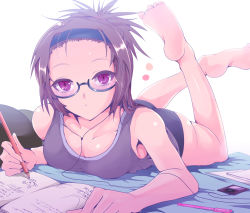 Rule 34 | 1girl, :&lt;, ass, bare shoulders, barefoot, bed, black panties, breasts, brown hair, cleavage, digital media player, drawing, feet, forehead, foreshortening, glasses, hairband, hairline, ipod, kasai shin, large breasts, legs up, lying, on stomach, original, panties, pen, pencil, red eyes, short hair, solo, the pose, underwear, wooden pencil