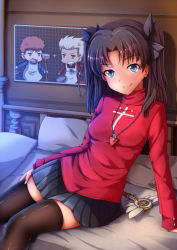Rule 34 | 1girl, 2boys, anger vein, archer (fate), arm support, black hair, black ribbon, black skirt, blue eyes, breasts, broom, emiya shirou, fate/hollow ataraxia, fate/stay night, fate (series), frying pan, grey hair, highres, jewelry, kaiyi, kaleidostick, long hair, looking at viewer, medium breasts, multiple boys, necklace, on bed, pillow, red hair, red sweater, ribbon, skirt, smile, sweater, thighhighs, tohsaka rin, turtleneck, two side up, yellow eyes, zettai ryouiki