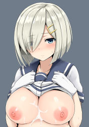 Rule 34 | 10s, 1girl, after paizuri, blue eyes, blush, breast suppress, breasts, clothes lift, cum, cum on body, cum on breasts, cum on upper body, eyes visible through hair, female focus, gloves, hair ornament, hair over one eye, hairclip, hamakaze (kancolle), inverted nipples, kantai collection, large breasts, mitsukazu (nijigen complex), nipples, school uniform, serafuku, shirt lift, short hair, silver hair, simple background, solo, sweat, upper body, white gloves
