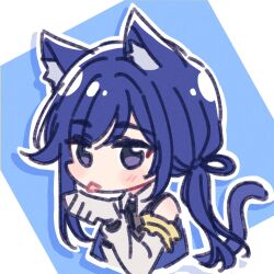 Rule 34 | 1girl, akamirai, animal ears, arm scrunchie, assault lily, bad id, bad twitter id, bare shoulders, black necktie, blue background, blue hair, blush, cat day, cat ears, cat girl, cat tail, chibi, closed mouth, collared shirt, commentary request, cropped torso, elbow gloves, gloves, hair ribbon, hand up, hayami katsura, long hair, looking at viewer, low ponytail, necktie, odaiba girls high school uniform, ponytail, purple eyes, ribbon, school uniform, scrunchie, shirt, sleeveless, sleeveless shirt, solo, tail, tongue, tongue out, two-tone background, upper body, white background, white gloves, white shirt, yellow scrunchie