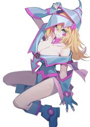 Rule 34 | 1girl, absurdres, blonde hair, blue dress, blue eyes, blue hat, blush stickers, boots, breasts, cleavage, collarbone, dark magician girl, dress, eyelashes, fingerless gloves, full body, gloves, hat, highres, kamameshi gougoumaru, large breasts, long hair, looking at viewer, smile, solo, white background, yu-gi-oh!
