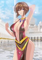 Rule 34 | 1girl, alternate costume, artist request, ass, bob cut, breasts, brown hair, cleavage, covered erect nipples, dress, large breasts, navel, official alternate costume, ranma 1/2, revealing clothes, shiny skin, short dress, short hair, smile, tendou nabiki, wide hips