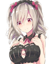 Rule 34 | 10s, 1girl, alternate costume, bad id, bad nicoseiga id, breasts, cleavage cutout, clothing cutout, commentary request, drill hair, grey hair, hair between eyes, hairband, highres, idolmaster, idolmaster cinderella girls, kanzaki ranko, large breasts, long hair, looking at viewer, owafu, red eyes, smile, solo, twin drills, twintails, upper body
