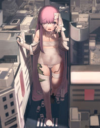 Rule 34 | bandages, breasts, building, car, cleavage, crying, fate (series), giant, giantess, kaita (mokamilkcup), kingprotea (fate), long hair, motor vehicle, open mouth, purple eyes, purple hair, road, small breasts, street, thighs