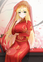 Rule 34 | 1girl, arm under breasts, aurora (azur lane), aurora (garb of eternal prosperity) (azur lane), azur lane, bangle, blonde hair, blurry, blurry background, blush, bracelet, breasts, bridal veil, china dress, chinese clothes, closed mouth, dress, embroidered dress, embroidery, finger to cheek, gold trim, green eyes, hair ornament, hair stick, hand fan, hand up, highres, jewelry, large breasts, long hair, long sleeves, looking at viewer, nail polish, official alternate costume, qing wu, red dress, red headwear, red nails, red veil, ring, see-through, sidelocks, sitting, solo, transparent headwear, veil, very long hair, wedding dress