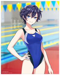 Rule 34 | 1girl, black hair, blue eyes, blue one-piece swimsuit, blurry, breasts, cleavage, collarbone, commentary request, competition swimsuit, covered navel, depth of field, hand on own hip, indoors, lane line, lips, looking at viewer, medium breasts, messy hair, morikura en, multicolored clothes, multicolored swimsuit, official art, one-piece swimsuit, pool, pool ladder, poolside, reflection, reflective water, saotome rui, short hair, smile, solo, sousai shoujo teien, string of flags, swimsuit, thighs
