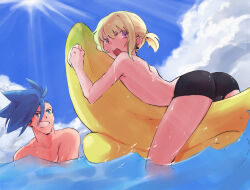 Rule 34 | 2boys, afloat, alternate costume, ass, asymmetrical hair, aus vaka, banana boat, black male swimwear, blonde hair, blue eyes, blue hair, blue sky, bulge, cloud, galo thymos, grin, highres, inflatable raft, inflatable toy, lio fotia, low ponytail, male focus, male swimwear, mohawk, multiple boys, ocean, on banana, open mouth, partially submerged, promare, purple eyes, short hair, sidecut, sky, smile, solo focus, thighs, topless male, trap, triangular headpiece, undercut