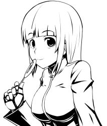 Rule 34 | blunt bangs, candy, food, greyscale, holding, kula diamond, lollipop, looking at viewer, medium hair, monochrome, okyou, simple background, smile, solo, the king of fighters, white background
