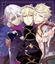 3boys armor black_armor blonde_hair blue_hood circlet eyepatch fire_emblem fire_emblem_fates futaba_hazuki leo_(fire_emblem_fates) multiple_boys niles_(fire_emblem) nintendo odin_(fire_emblem) upper_body white_hair