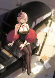 Rule 34 | 1girl, arm support, azur lane, bangle, bare shoulders, black thighhighs, blonde hair, bracelet, breasts, cleavage, dress, drink, feather boa, full body, highres, holding, holding drink, instrument, jewelry, large breasts, looking at viewer, multicolored hair, paper, parted lips, piano, red wine, roon (azur lane), roon (viridescent lullaby) (azur lane), sansan (dongfangzhong111), short hair, sitting, solo, streaked hair, sunlight, thighhighs, thighs, wine