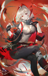 Rule 34 | 1girl, absurdres, arknights, black gloves, black jacket, black legwear, black scarf, black skirt, chromatic aberration, demon horns, detonator, fingerless gloves, gloves, grey hair, grey scarf, grey shirt, highres, horns, jacket, looking at viewer, nail polish, open clothes, open jacket, red eyes, red nails, ruoganzhao, scarf, shirt, single horn, skirt, solo, w (arknights)
