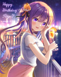 Rule 34 | 1girl, :d, bare arms, blurry, blurry background, blush, bokeh, commentary, cup, depth of field, drink, drinking glass, flower, food, from side, fruit, gochuumon wa usagi desu ka?, hair between eyes, hair flower, hair ornament, hairclip, happy birthday, holding, holding drink, long hair, looking at viewer, looking to the side, mozukun43, night, open mouth, orange (fruit), orange slice, outdoors, pink skirt, purple eyes, purple hair, railing, shirt, short sleeves, skirt, smile, solo, tedeza rize, twintails, twitter username, water, white shirt