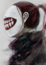 Rule 34 | 1boy, brown hair, covered face, from side, grey background, long hair, male focus, mask, noro (tokyo ghoul), ponytail, simple background, solo, straw like, teeth print, tokyo ghoul, turtleneck