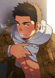 Rule 34 | 1boy, abs, bara, blush, clothes lift, facial hair, flying sweatdrops, goatee, highres, hood, hood down, hoodie, jacket, kiri futoshi, large pectorals, leaning forward, long sideburns, looking at viewer, male focus, navel, nipples, open clothes, open jacket, original, pectorals, shirt lift, short hair, sideburns, solo, sweatdrop, thick eyebrows, underpec, upper body, white hoodie