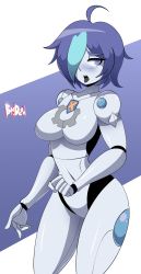 Rule 34 | ahoge, android, artist name, bigdead, blue eyes, blush, breasts, clenched hand, commission, hair over one eye, highres, large breasts, looking at viewer, multicolored hair, original, robot, robot girl, short hair, teeth, tongue, tongue out, two-tone background, two-tone hair