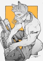 Rule 34 | 1boy, animal collar, animal ears, bara, closed mouth, collar, dog boy, dog ears, dog tail, gun, highres, large pectorals, looking at viewer, male focus, moto23059, muscular, muscular male, muzzle, nipples, pants, pectorals, piers nivans, resident evil, resident evil 6, short hair, sitting, solo, tail, topless male, weapon