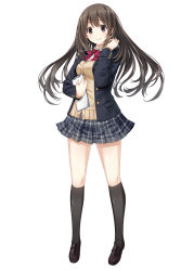 Rule 34 | 1girl, absurdres, black socks, blazer, brown eyes, brown hair, cardigan, floating, full body, highres, holding, jacket, kiss bell, kneehighs, loafers, long hair, long sleeves, mikoto akemi, notepad, official art, open clothes, open jacket, plaid, plaid skirt, pleated skirt, shoes, simple background, skirt, smile, socks, solo, takahata chiharu, thighhighs