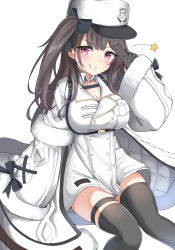 Rule 34 | 1girl, :q, absurdres, arm up, azur lane, black bow, black gloves, black thighhighs, blush, bow, breasts, brown hair, cleavage, closed mouth, commentary request, dress, feet out of frame, fur-trimmed sleeves, fur hat, fur trim, gloves, hat, highres, large breasts, long hair, long sleeves, moyoron, one side up, pamiat merkuria (azur lane), purple eyes, russian clothes, simple background, sitting, sleeves past wrists, smile, solo, star (symbol), thighhighs, tongue, tongue out, v, very long hair, white background, white dress, white hat, wide sleeves