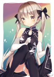 Rule 34 | 1girl, absurdres, black dress, black thighhighs, bow, breasts, brown eyes, china dress, chinese clothes, clothes lift, covered navel, dress, dress lift, dutch angle, elbow gloves, gloves, hair between eyes, hair bow, hand on own chest, head tilt, highres, kasugano sora, light brown hair, long hair, panties, pantyshot, pelvic curtain, shiino sera, side slit, sitting, small breasts, solo, thighhighs, twintails, underwear, very long hair, white gloves, white panties, yosuga no sora