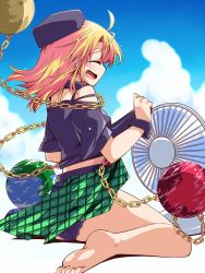Rule 34 | 1girl, ahoge, barefoot, black panties, black shirt, blonde hair, blush, chain, clothes pull, cloud, day, electric fan, closed eyes, fanning crotch, from behind, from side, hand fan, hat, hecatia lapislazuli, hecatia lapislazuli (moon), hemogurobin a1c, lace, lace-trimmed panties, lace trim, midriff, miniskirt, off-shoulder shirt, off shoulder, open mouth, orange hair, panties, pantyshot, plaid, plaid skirt, profile, pulled by self, shirt, shirt pull, sitting, skirt, sky, smile, solo, t-shirt, touhou, underwear, unmoving pattern, wariza