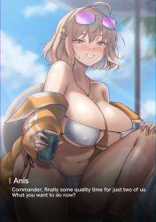 Rule 34 | 1girl, ahoge, anis (nikke), anis (sparkling summer) (nikke), bare shoulders, beach umbrella, between breasts, bikini, black socks, blurry, blurry background, blush, breasts, cameltoe, can, cat hair ornament, cloud, collarbone, covered erect nipples, day, english text, eyepatch bikini, eyewear on head, goddess of victory: nikke, grin, hair ornament, highres, holding, holding can, huge breasts, jacket, jewelry, knee up, large breasts, light brown hair, long sleeves, looking at viewer, nail polish, navel, necklace, open clothes, open jacket, outdoors, palm leaf, pink-tinted eyewear, short hair, side-tie bikini bottom, sitting, smile, socks, solo, string bikini, sunglasses, sweat, swimsuit, thick thighs, thighs, tinnies, tinted eyewear, twitter username, umbrella, underboob, white bikini, wide hips, yellow eyes, yellow nails