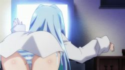 Rule 34 | 10s, 1girl, animated, animated gif, anime screenshot, ass, ass shake, blue hair, blue panties, cube x cursed x curious, fear kubrick, interior, long hair, no pants, panties, screencap, shirt, side-tie panties, solo, striped clothes, striped panties, television, underwear, watching television
