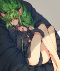 Rule 34 | 1girl, :o, animal ears, ass, bare legs, barefoot, black shirt, blurry, blush, breasts, c.c., cat ears, cat tail, cleavage, code geass, creayus, depth of field, green hair, head tilt, kemonomimi mode, legs up, long hair, long sleeves, looking at viewer, lying, medium breasts, naked shirt, on back, parted lips, paw pose, pillow, shirt, sleeves past wrists, solo, tail, very long hair
