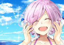 Rule 34 | 1girl, :d, ^ ^, blue sky, blush, bottle, bottle to cheek, closed eyes, collarbone, commentary request, day, facing viewer, fate/grand order, fate (series), highres, hikashou, holding, holding bottle, mash kyrielight, ocean, open mouth, outdoors, pink hair, portrait, short hair, sky, smile, solo, sparkle, sweat, swept bangs, water, water bottle, wet