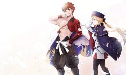 Rule 34 | 1boy, 1girl, artoria caster (fate), artoria caster (second ascension) (fate), artoria pendragon (fate), belt, beret, blonde hair, blue cape, blue headwear, cape, commentary request, cowboy shot, emiya shirou, fate/grand order, fate (series), floral print, green eyes, hat, highres, igote, limited/zero over, long hair, long sleeves, low twintails, orange eyes, petals, red hair, ribbon, senji muramasa (fate), smile, striped belt, twintails, wristband, yamano udumi