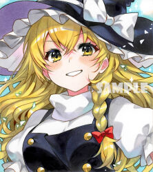 Rule 34 | 1girl, black vest, blonde hair, bow, braid, breasts, buttons, chacham, commentary request, frilled hat, frills, grin, hat, hat bow, kirisame marisa, long hair, looking at viewer, puffy short sleeves, puffy sleeves, shirt, short sleeves, side braid, small breasts, smile, solo, touhou, traditional media, turtleneck, very long hair, vest, white bow, white shirt, witch hat, yellow eyes
