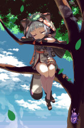 Rule 34 | 1girl, animal ears, arm guards, arm support, asian long-horned beetle, black gloves, blue sky, blunt bangs, blurry, branch, child, cloud, cloudy sky, commentary request, depth of field, fake animal ears, fake tail, fingerless gloves, genshin impact, gloves, grey hair, hair between eyes, head rest, highres, japanese clothes, leaf, leaf on head, ninja, obi, obiage, pouch, raccoon ears, raccoon hood, raccoon tail, saebashi, sash, sayu (genshin impact), short hair, short sleeves, sidelocks, sitting on branch, sky, sleeping, solo, tail, toes, tree, tree shade