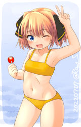 Rule 34 | 1girl, bikini, black ribbon, blue eyes, breasts, brown hair, candy, contrapposto, cowboy shot, food, hachijou (kancolle), hair ribbon, kantai collection, lollipop, one-hour drawing challenge, one eye closed, ray.s, ribbon, short hair, small breasts, smile, solo, swimsuit, v, yellow bikini
